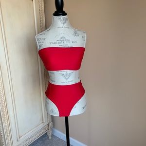 Red strapless and high washed bikini set